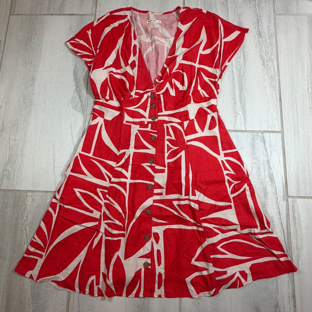 Marine Layer Red White Tropical Leaf Hemp Tencel Button Front Dress Medium